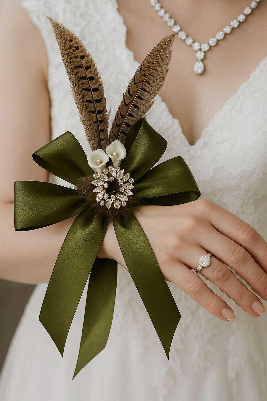 Feather Boutonniere & Corsage set. Brown Feathers, Olive Green Ribbon, Pearl Flowers – Woodland Wedding Accessories. Groom pin . Nature love