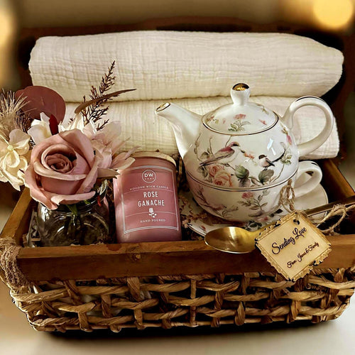 Floral Teapot Gift Set: Rose Candle, Cotton Blanket & Mini Bouquet