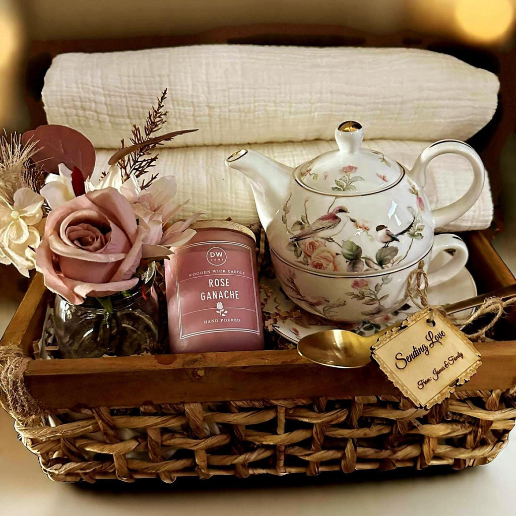 Floral Teapot Gift Set: Rose Candle, Cotton Blanket & Dried Accents