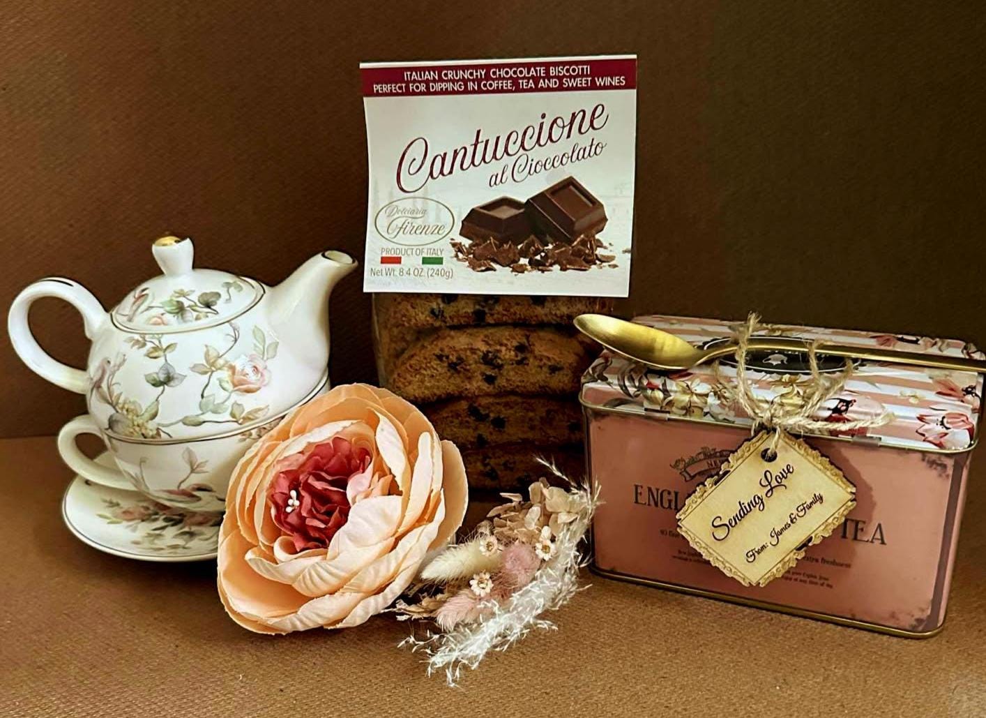 Floral Tea Gift Basket: Vintage Teapot Set, Biscotti & English Tea