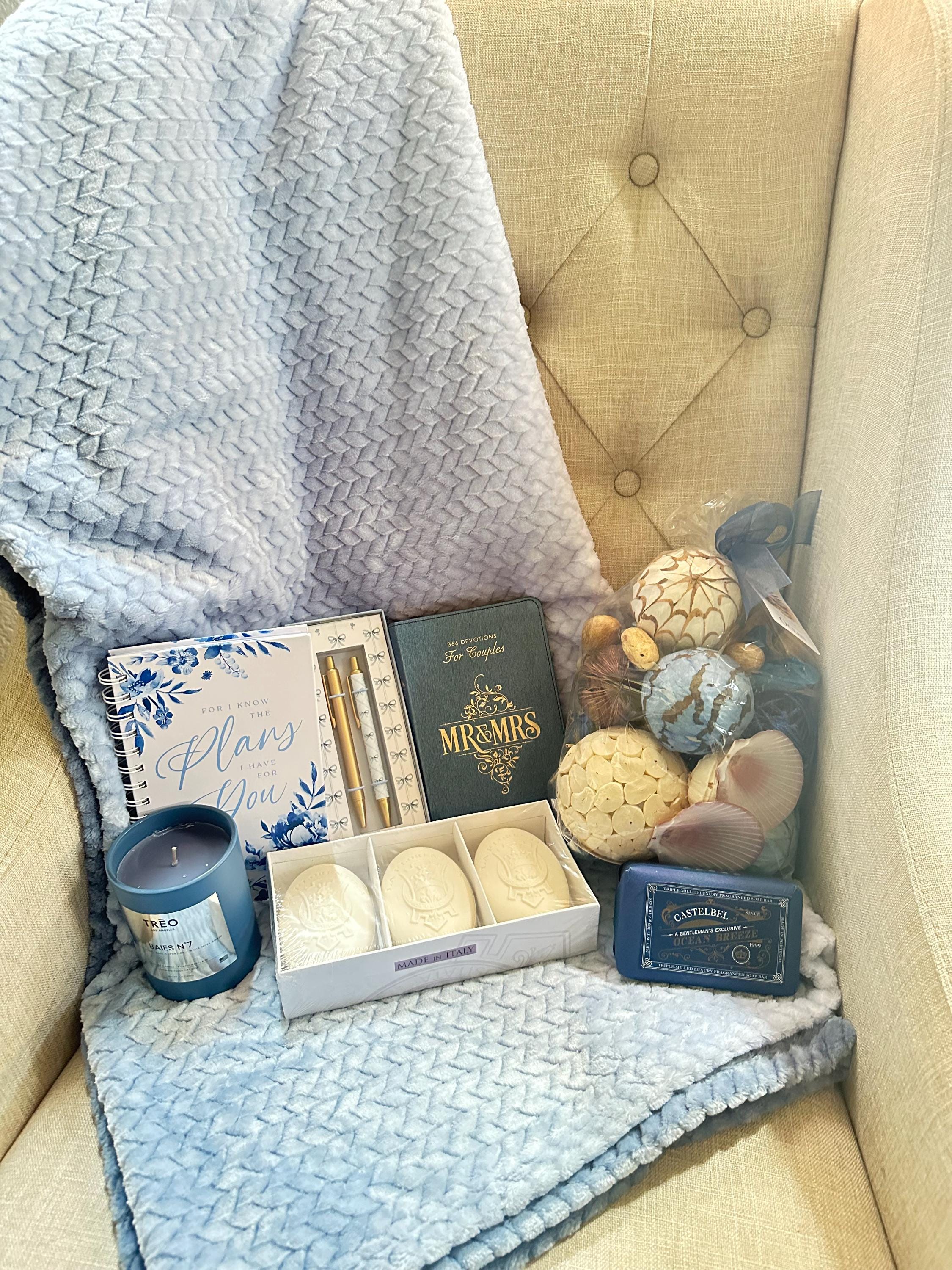 Personalized Mr & Mrs Gift Basket: Ocean Spa, Devotional, Blanket