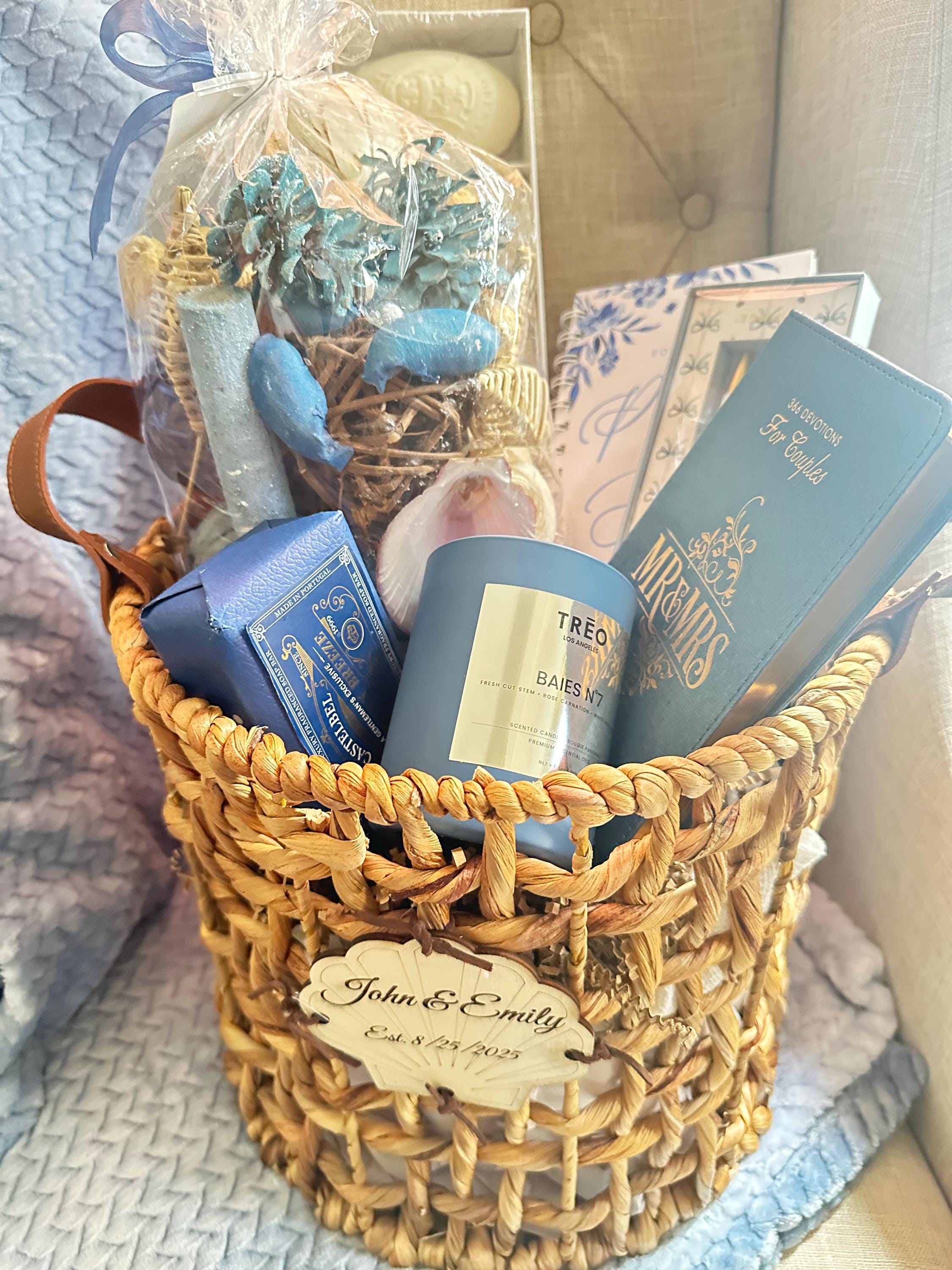 Personalized Mr & Mrs Gift Basket: Ocean Spa, Devotional, Blanket