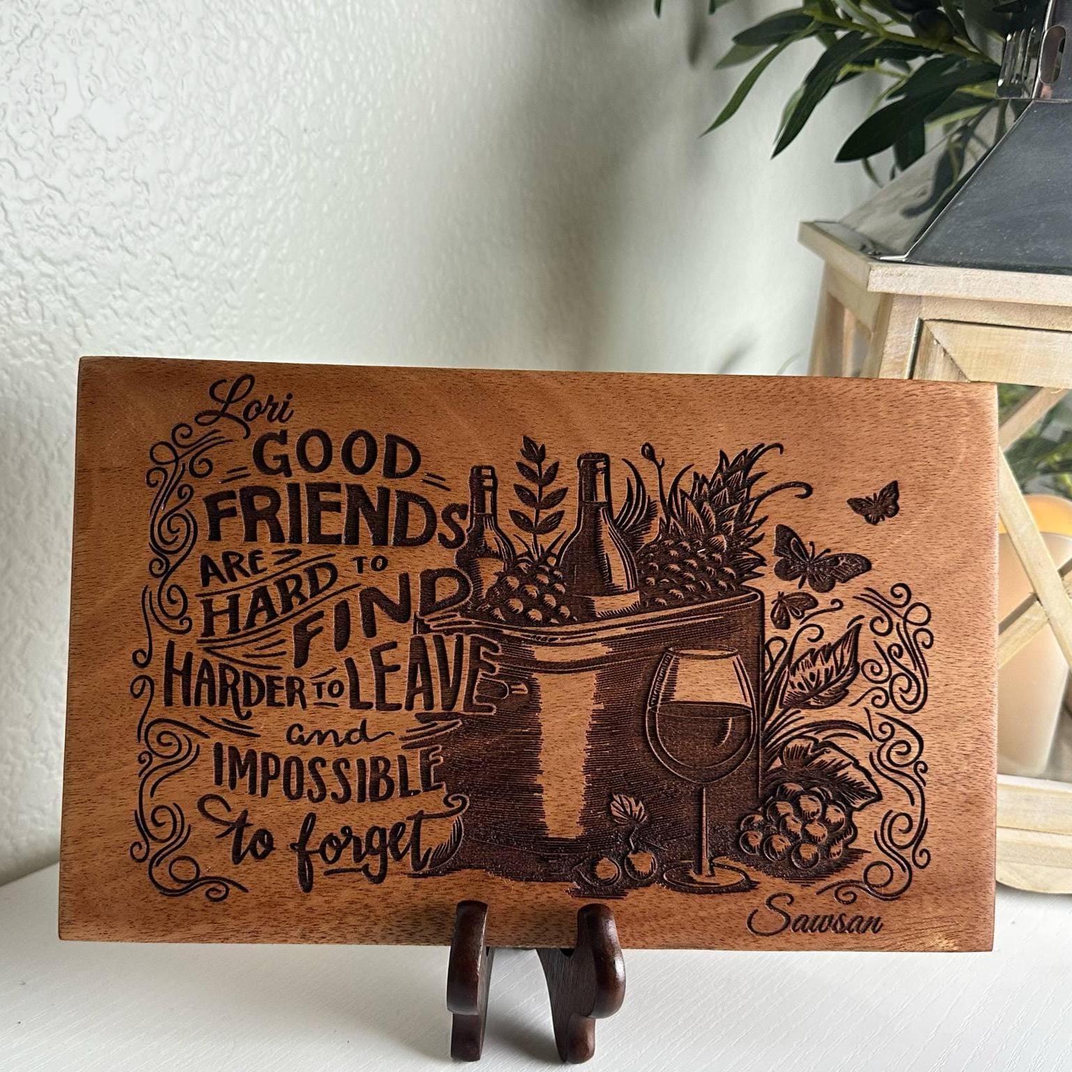 Personalized Engraved Mahogany Friendship Plaque: Wine & Grapes Decor