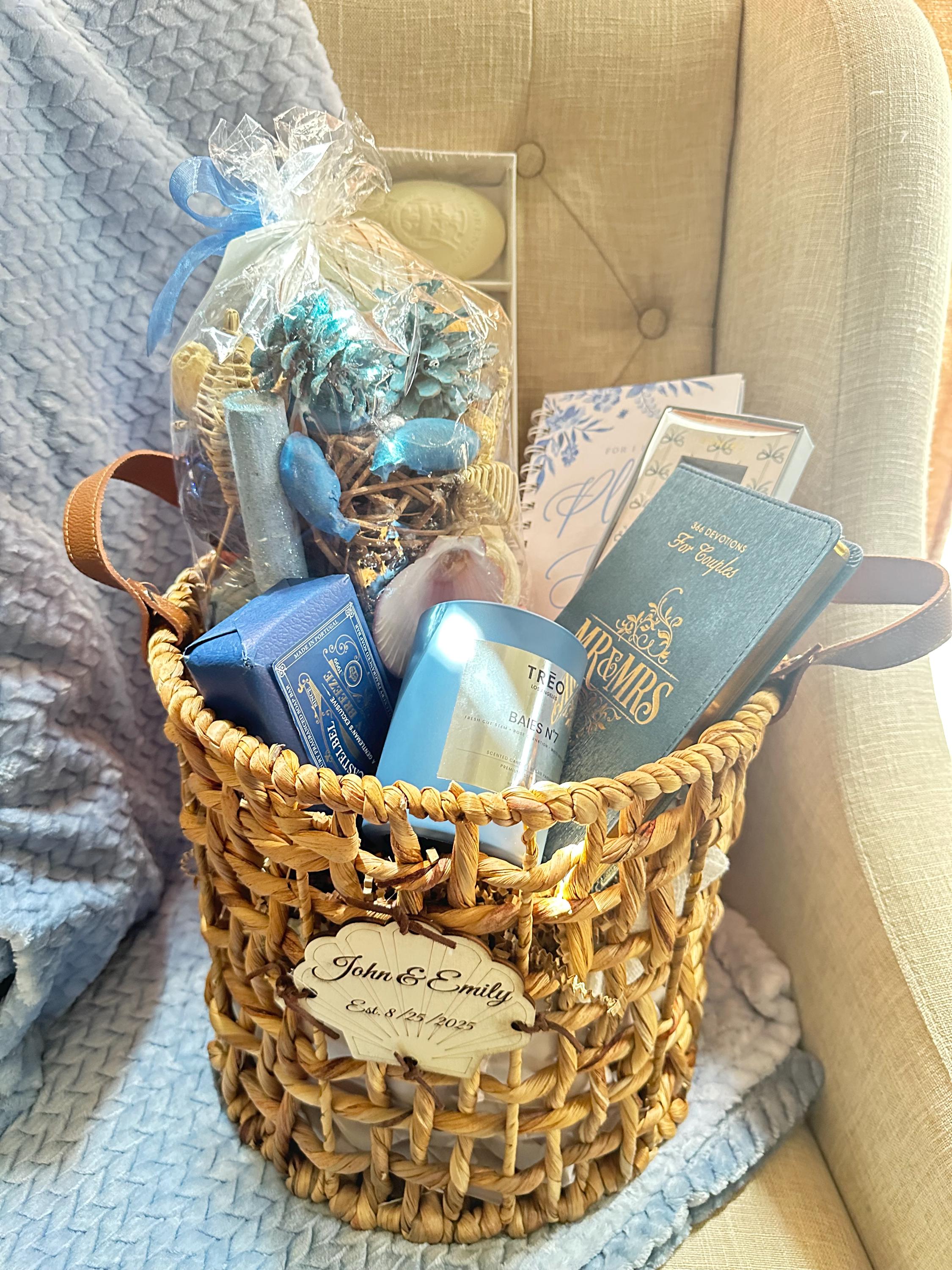 Personalized Mr & Mrs Gift Basket: Ocean Spa, Devotional, Blanket
