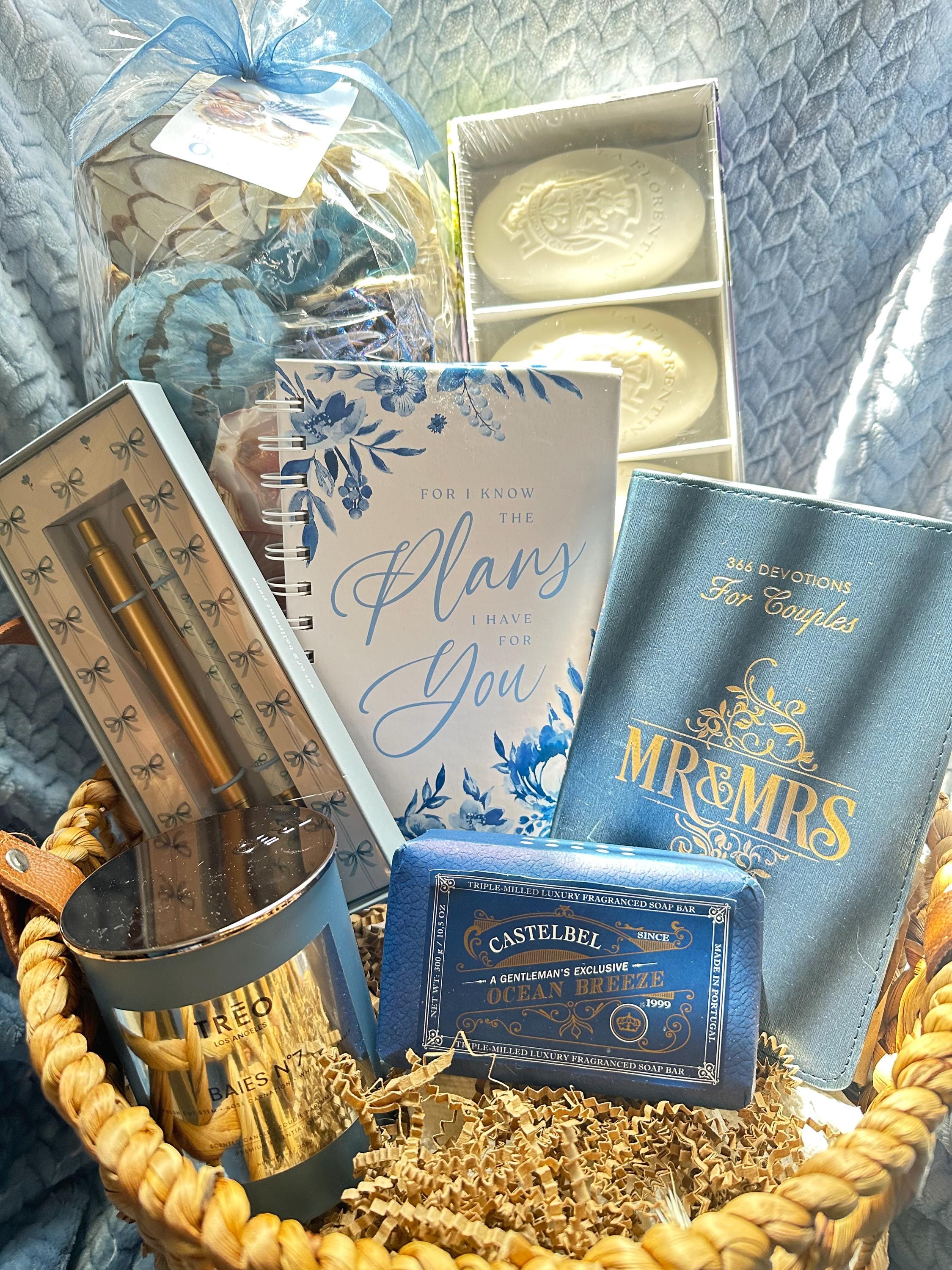 Personalized Mr & Mrs Gift Basket: Ocean Spa, Devotional, Blanket