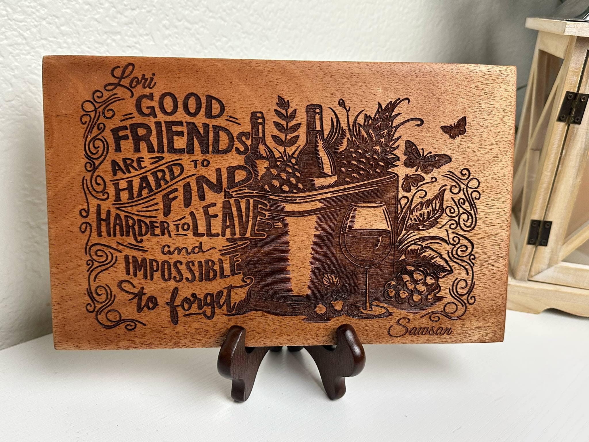 Personalized Engraved Mahogany Friendship Plaque: Wine & Grapes Decor